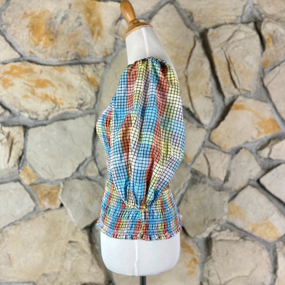 Ganni Puff Sleeve Smocked Top Pastel Rainbow Plaid | IT32, S - Picture 3 of 5